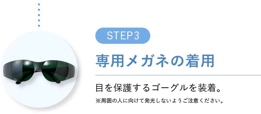 STEP3 専用メガネの着用 目を保護するゴーグルを装着。※周囲の人に向けて発光しないようご注意ください。
