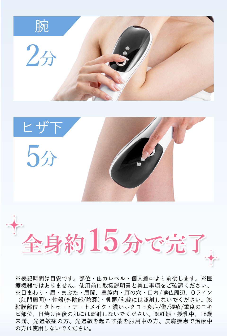 腕 2分 ヒザ下 5分 全身約15分で完了 ※表記時間は目安です。部位・出力レベル・個人差により前後します。※医療機器ではありません。使用前に取扱説明書と禁止事項をご確認ください。※目まわり・眉・まぶた・眉間、鼻腔内・耳の穴・口内 喉仏周辺、Oライン（肛門周囲）、性器（外陰部 陰嚢）・乳頭 乳輪には照射しないでください。光を当てないでください。※粘膜部位・タトゥー・アートメイク・濃いホクロ・炎症／傷 湿疹 重度のニキビ部位、日焼け直後の肌には照射しないでください。※妊娠・授乳中、18歳未満、光過敏症の方、光過敏を起こす薬を服用中の方、皮膚疾患で治療中の方は使用しないでください。