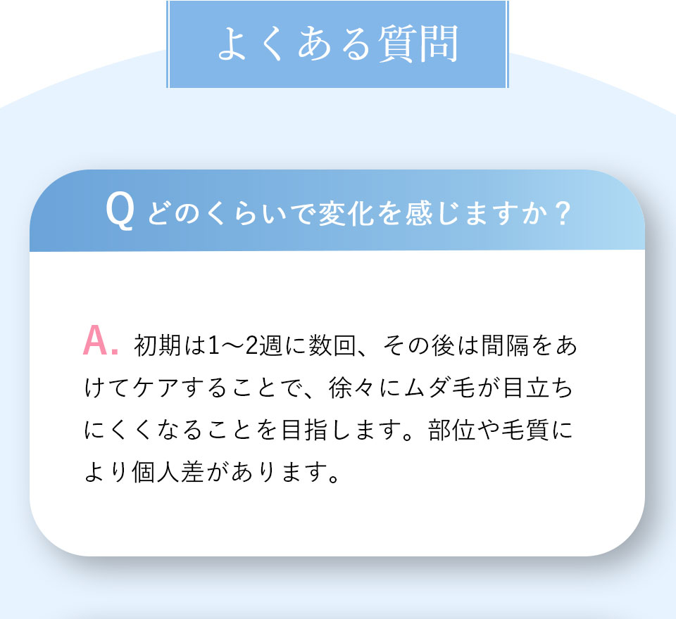 Q.どのくらいで変化を感じますか？ A.初期は1〜2週に数回、その後は間隔をあけてケアすることで、徐々にムダ毛が目立ちにくくなることを目指します。部位や毛質により個人差があります。