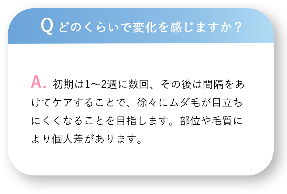 Q.どのくらいで変化を感じますか？ A.初期は1〜2週に数回、その後は間隔をあけてケアすることで、徐々にムダ毛が目立ちにくくなることを目指します。部位や毛質により個人差があります。